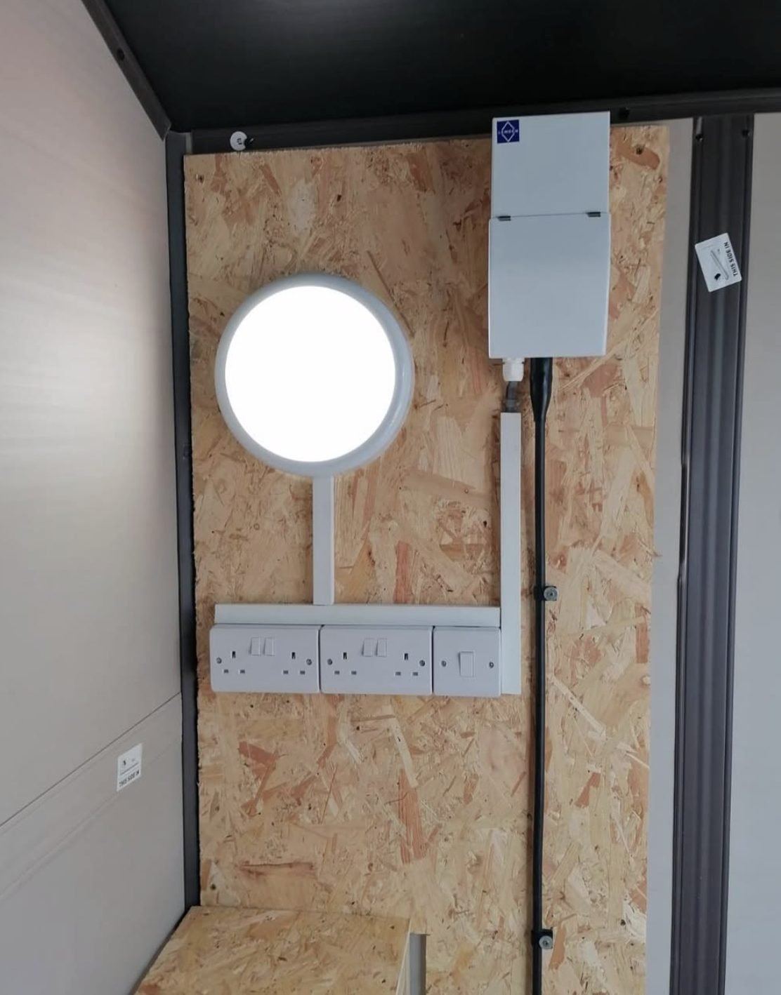 Sockets, light and a small consumer unit inside a garden room
